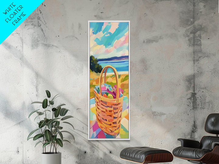 Woven Picnic Basket By Blue Ocean Wall Art, Coastal Beach House Decor, Summer Landscape Art, Framed Canvas Print, Gift For Her