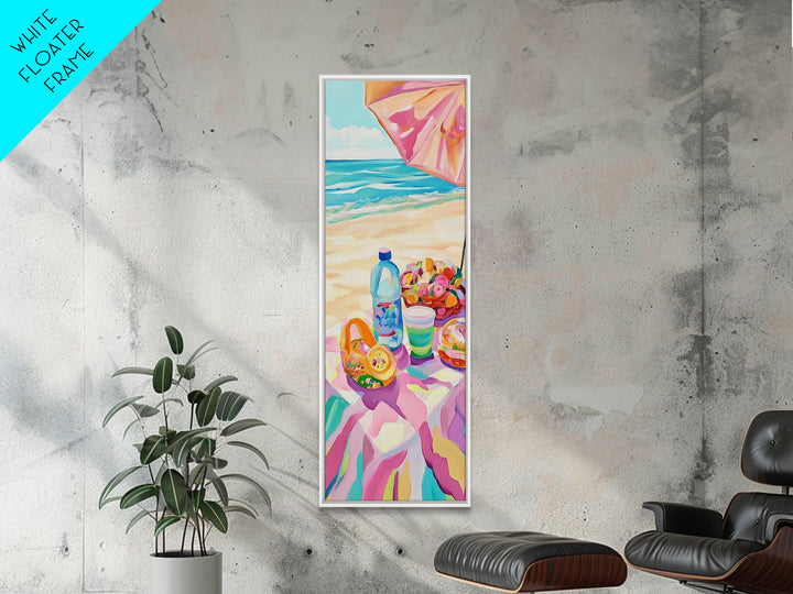 Beach Picnic Under Pink Umbrella Canvas Print, Coastal Wall Art, Colorful Beach House Decor, Summer Kitchen Art Print Gift