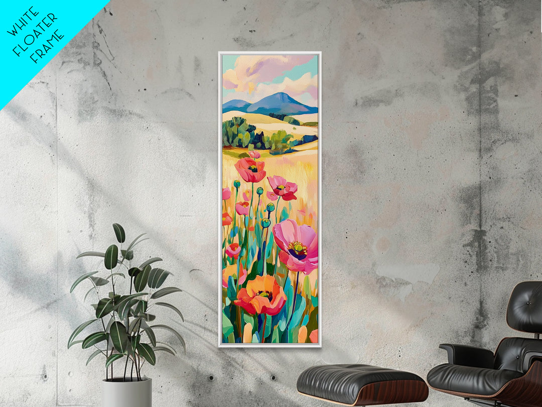 Pink Poppy Field Landscape Wall Art, Colorful Nature Canvas Print, Farmhouse Decor, Mountain Wall Art, Housewarming Gift