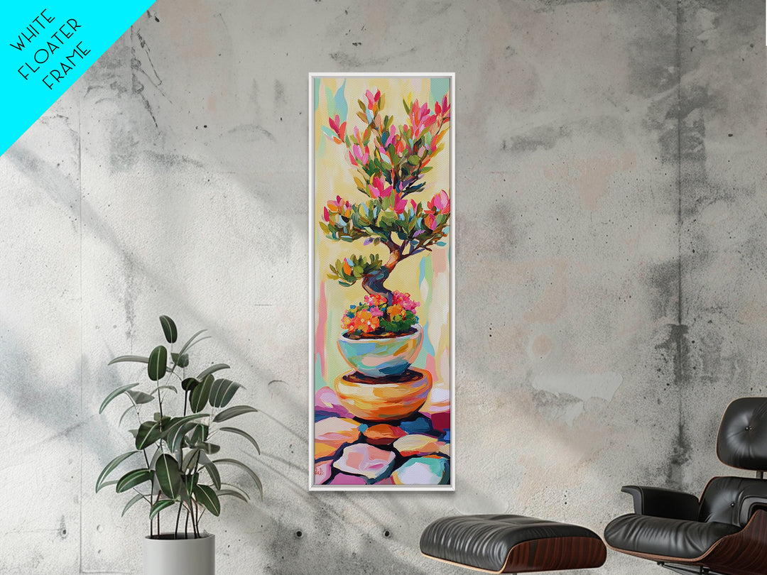 Flowering Bonsai Tree In Teal Pot Framed Canvas Print, Japandi Wall Art, Zen Home Decor, Botanical Decor, Housewarming Gift