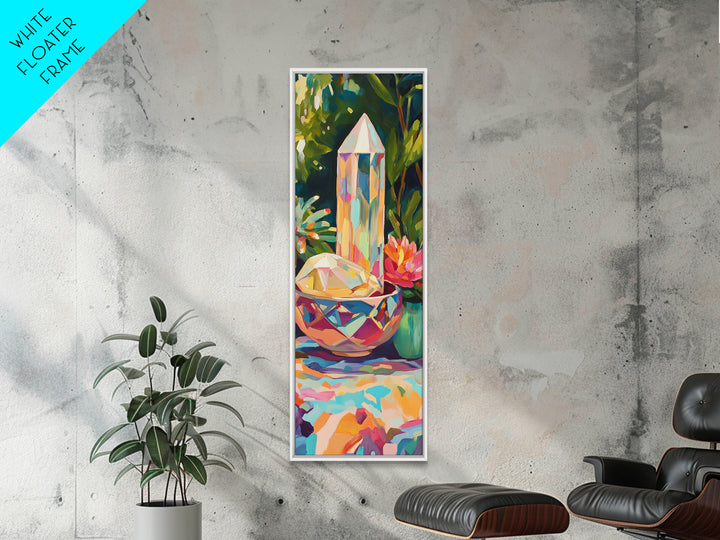 Rainbow Crystal Points With Tropical Flowers Canvas Print, Mystical Wall Art, Boho Home Decor, Meditation Room Decor, Gift