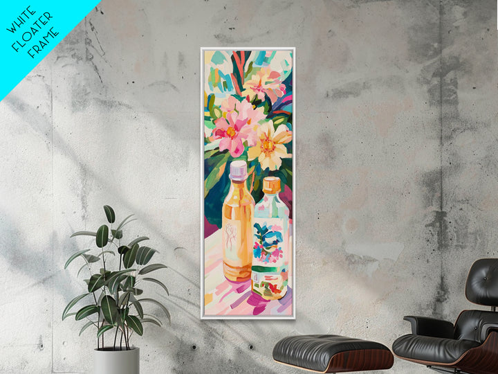 Tropical Flowers And Bottles Wall Art, Colorful Kitchen Canvas Print, Botanical Bar Cart Decor, Summer Dining Room Art Print