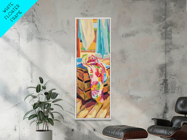 Beach Towels On Sunlit Chair Framed Canvas Print, Coastal Home Decor, Summer Beach House Art, Colorful Bathroom Wall Art