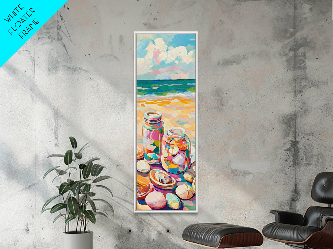Beach Seashell Jars Canvas Print, Coastal Wall Art, Ocean Decor, Nautical Art Print, Beach House Living Room Decor Gift Idea