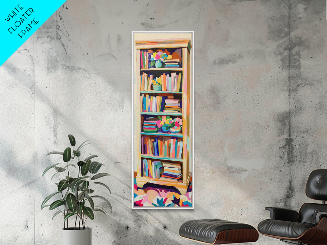 Tall Bookshelf And Flowers Canvas Print, Bookstore Wall Art, Library Decor, Book Lover Gift, Cozy Reading Nook Home Decor