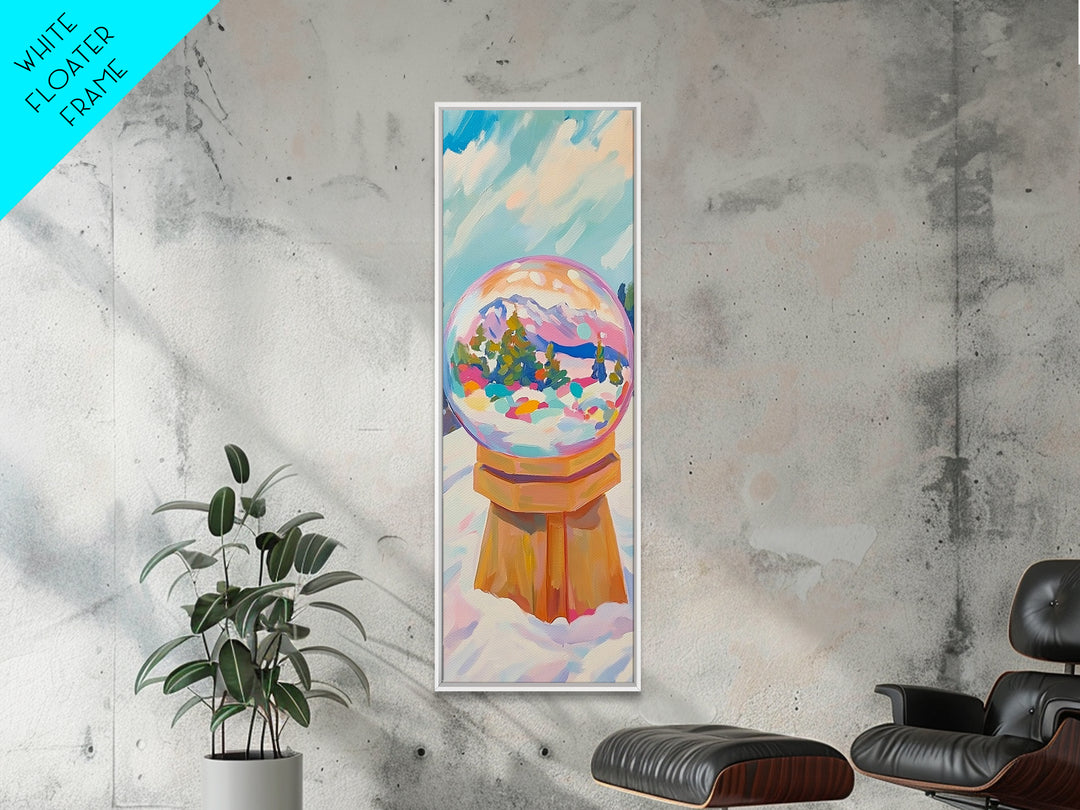 Mountain Snow Globe With Rainbow Winter Scene Framed Canvas Print, Whimsical Wall Art, Nursery Decor, Christmas Gift, Cozy Home Decor