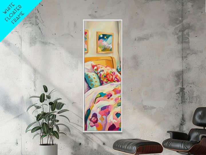 Floral Pillows On Cozy Bedroom Bed Framed Canvas Print, Romantic Wall Art, Bedroom Decor, Above Bed Art, Housewarming Gift