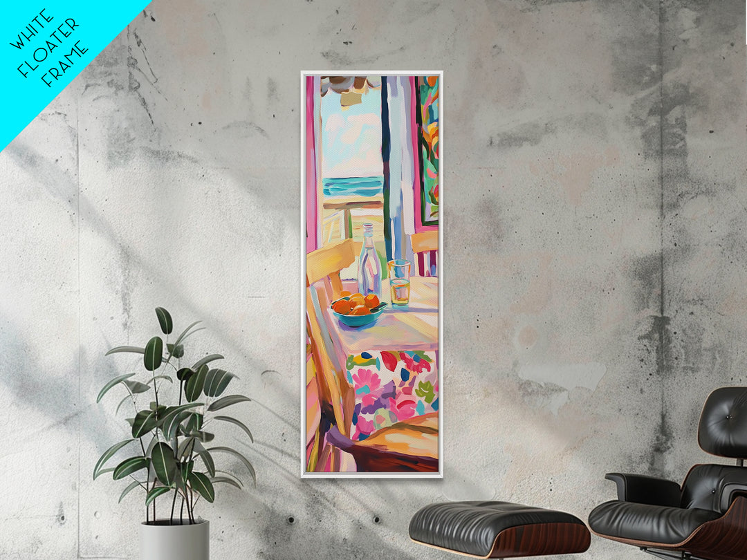 Sunlit Cafe Chair With Ocean View And Bottle Canvas Print, Coastal Kitchen Wall Art, Beach House Decor, Dining Room Print