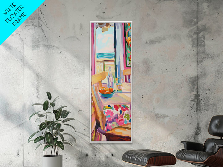 Sunlit Cafe Chair With Ocean View And Bottle Canvas Print, Coastal Kitchen Wall Art, Beach House Decor, Dining Room Print