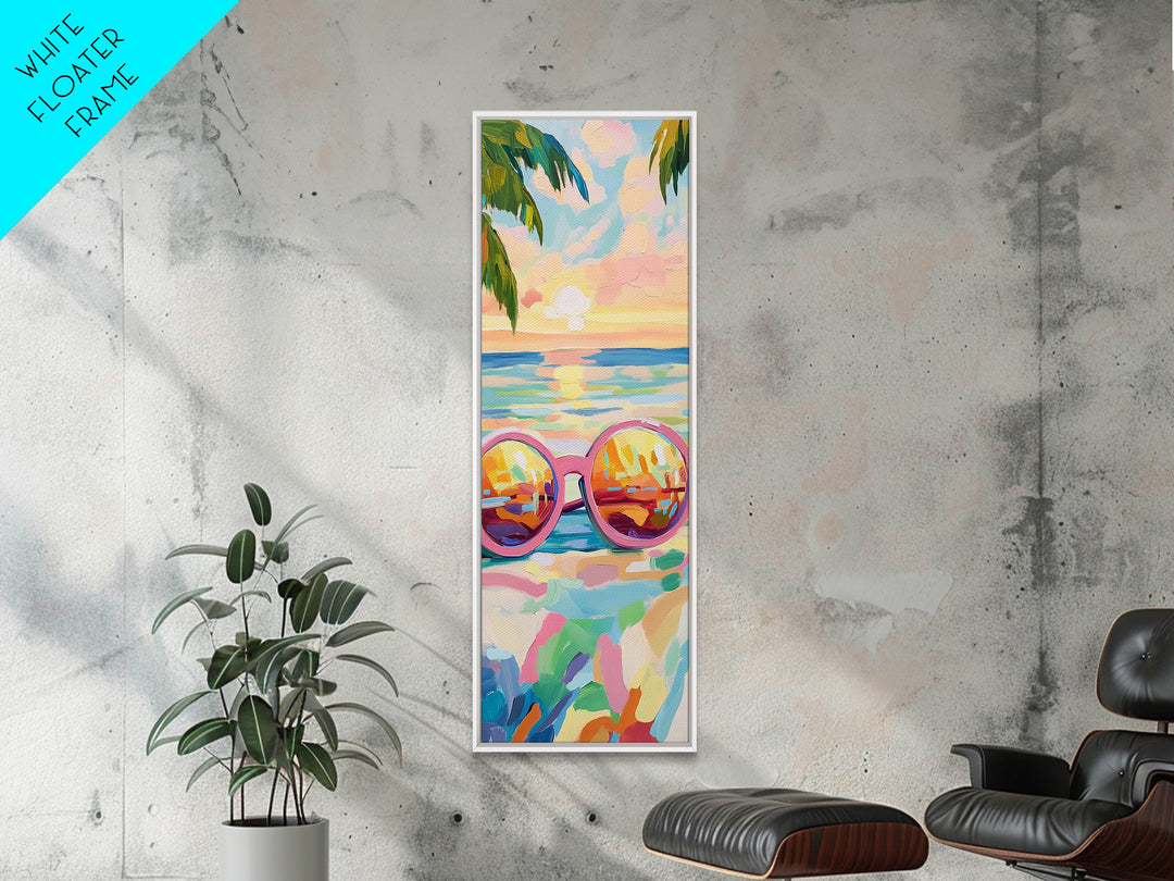 Pink Sunglasses On Beach Sunset Wall Art, Coastal Canvas Print, Tropical Ocean Decor, Summer Vacation Housewarming Gift For Her