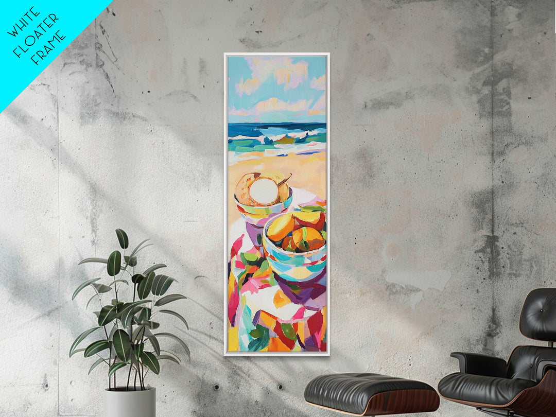 Beach Picnic Bowls And Seashell Painting, Coastal Canvas Print, Ocean Wall Art, Beach House Decor, Kitchen Art, Summer Decor
