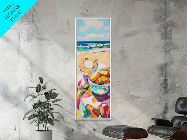 Beach Picnic Bowls And Seashell Painting, Coastal Canvas Print, Ocean Wall Art, Beach House Decor, Kitchen Art, Summer Decor