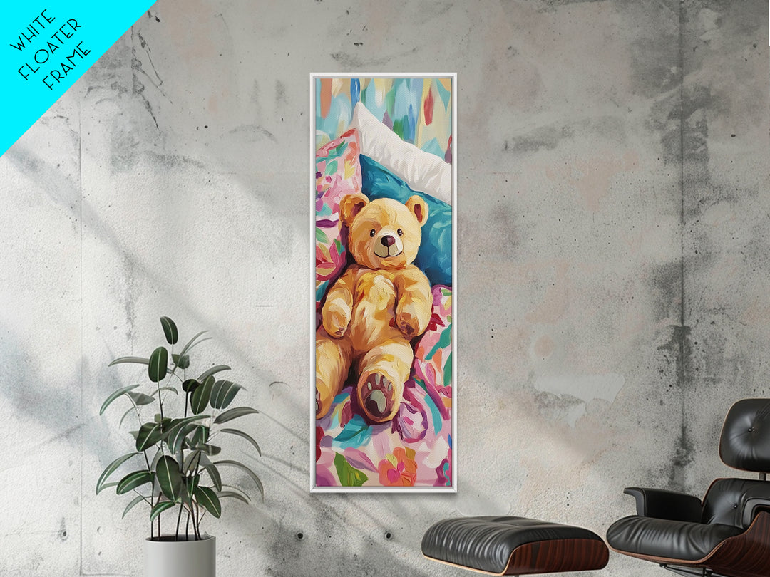 Teddy Bear On Floral Bed Painting, Whimsical Canvas Print, Nursery Wall Art, Kids Room Decor, Baby Shower Gift, Cute Wall Art