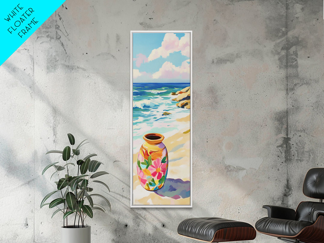 Floral Painted Vase On Sandy Beach Canvas Print, Coastal Wall Art, Ocean Decor, Tropical Flowers, Summer Housewarming Gift