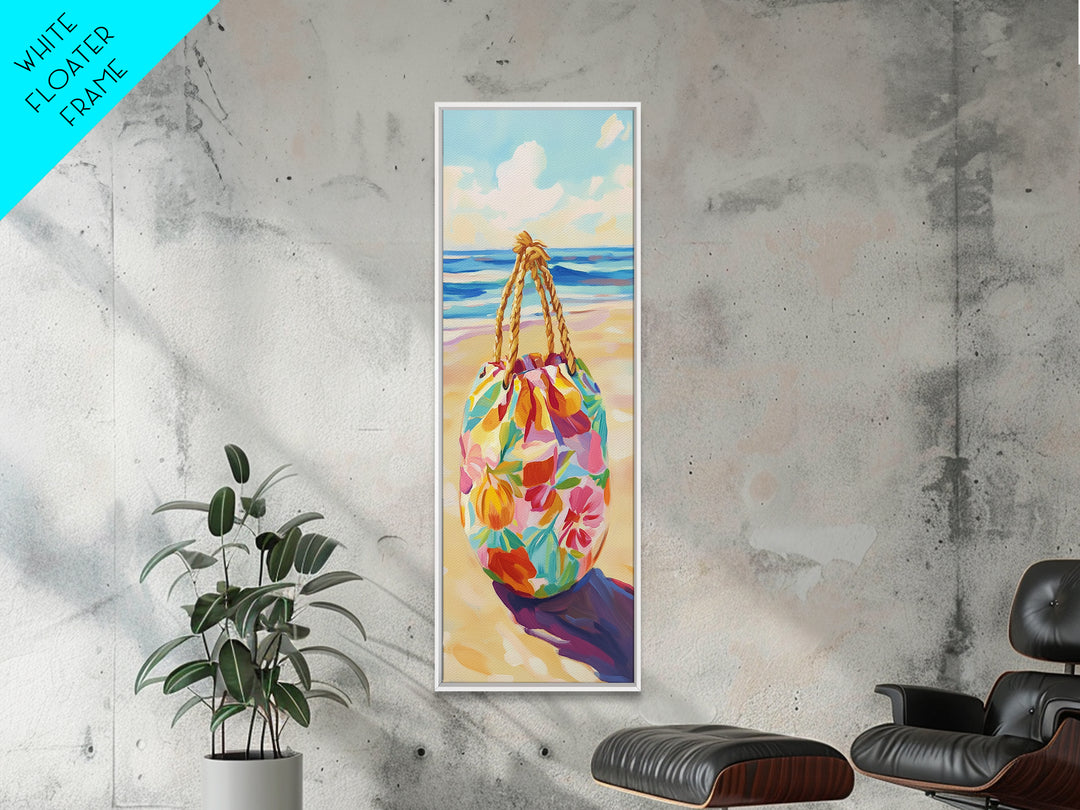 Floral Beach Tote On Sunny Shore Canvas Print, Coastal Wall Art, Beach House Decor, Tropical Decor, Summer Travel Gift For Her