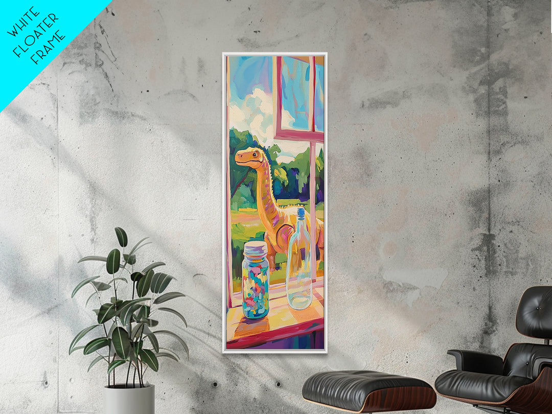 Whimsical Long Neck Dinosaur By Sunny Window Wall Art, Colorful Canvas Print, Kids Room Decor, Playful Nursery Art Print
