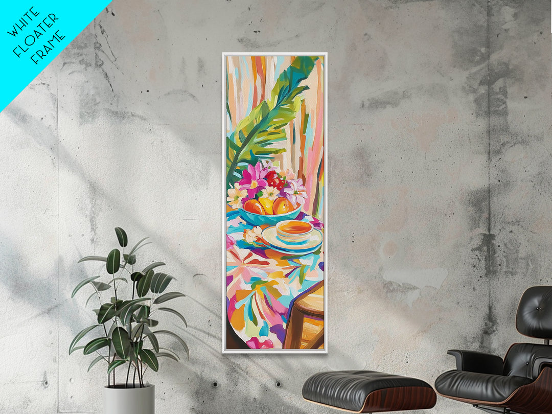 Tropical Tea Cup With Citrus And Flowers Wall Art, Colorful Kitchen Decor, Coastal Canvas Print, Bright Dining Room Art Print