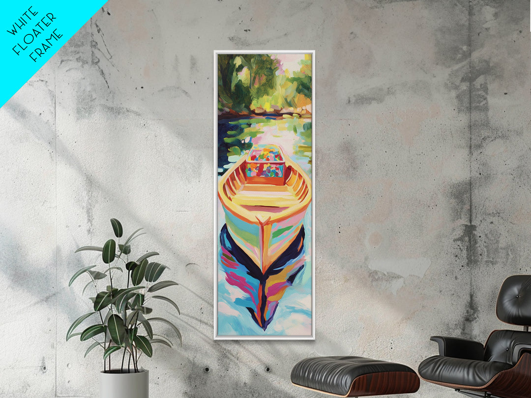 Colorful Rowboat On Sunlit River Wall Art, Coastal Lake Canvas, Bright Boho Home Decor, Living Room Art Print, Unique Housewarming Gift