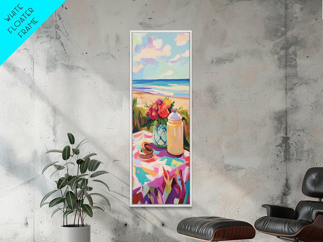 Beach Picnic Flowers And Shells Wall Art, Coastal Canvas Print, Ocean Living Room Decor, Beach House Art Gift For Her Decor