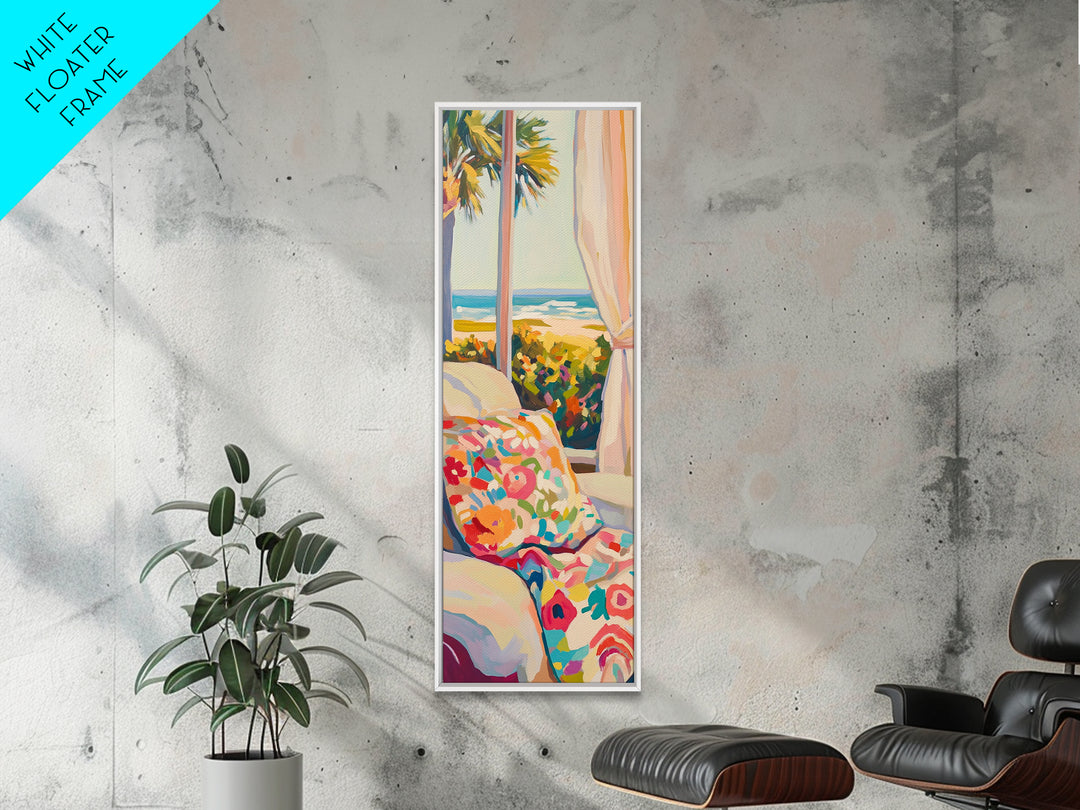 Coastal Bedroom With Ocean View And Floral Pillow, Beach Wall Art For Above Bed Decor, Canvas Print, Summer Home Decor Gift