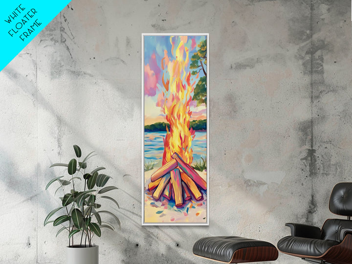 Lakeside Bonfire With Bright Flames Canvas Print, Cozy Rustic Cabin Wall Art, Campfire Decor, Summer Lake Housewarming Gift