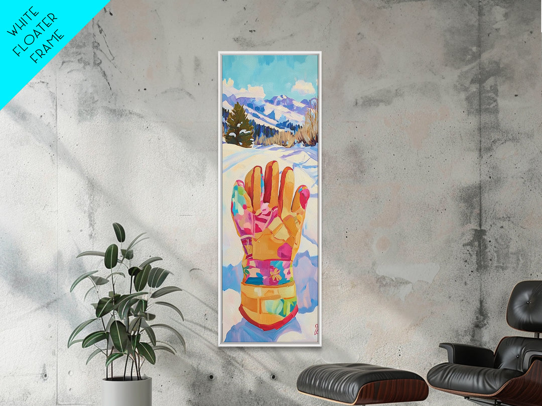 Colorful Winter Mitten In Snowy Mountain Landscape Wall Art, Ski Cabin Decor, Whimsical Kids Room Nursery Canvas Print Gift