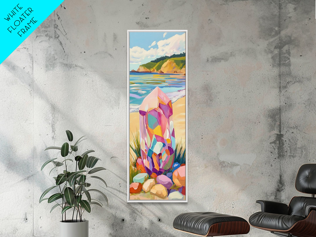 Rainbow Crystal Beach Canvas Print, Coastal Wall Art, Colorful Gemstone Decor, Ocean Landscape Print, Boho Beach House Gift