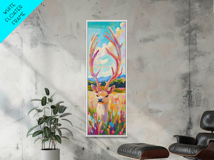 Whimsical Deer With Tall Antlers Canvas Print, Colorful Wildlife Wall Art, Meadow Landscape Decor, Rustic Nursery Gift, Animal Lover Gift