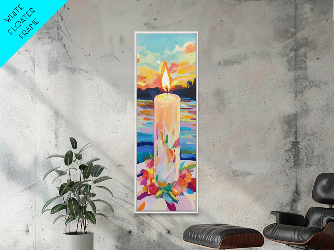 Floral Candle At Sunset Framed Canvas Print, Lake Landscape Wall Art, Cozy Spiritual Decor, Meditation Gift, Calming Print