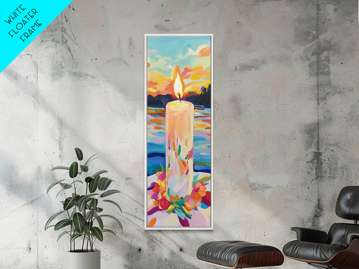 Floral Candle At Sunset Framed Canvas Print, Lake Landscape Wall Art, Cozy Spiritual Decor, Meditation Gift, Calming Print