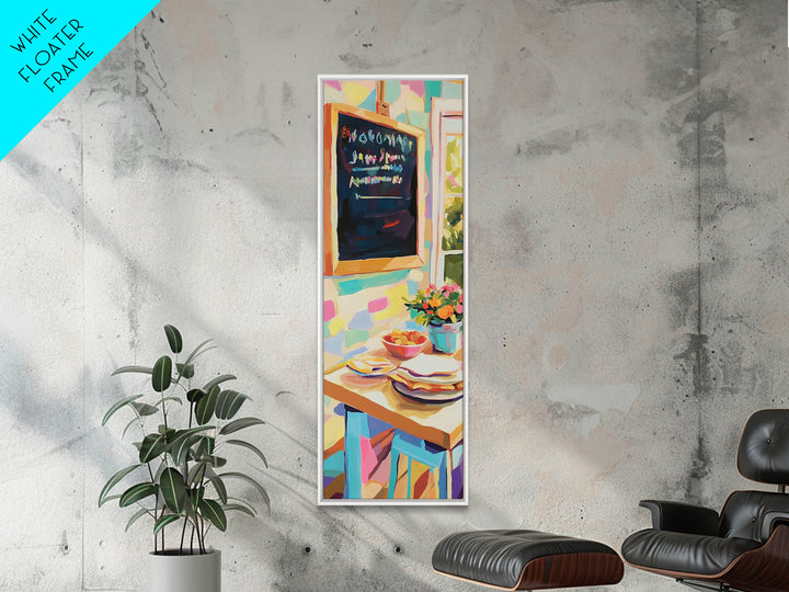 Cheerful Kitchen Table With Chalkboard Menu Wall Art, Breakfast Nook Canvas Print, Colorful Cafe Decor, Dining Room Print