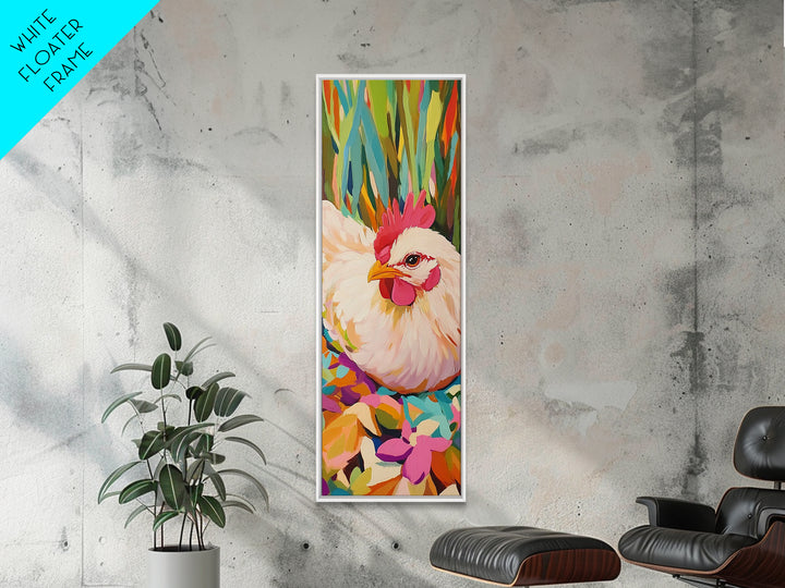 White Hen Among Tropical Leaves Framed Canvas Print, Colorful Animal Wall Art, Farmhouse Kitchen Decor, Whimsical Art Print