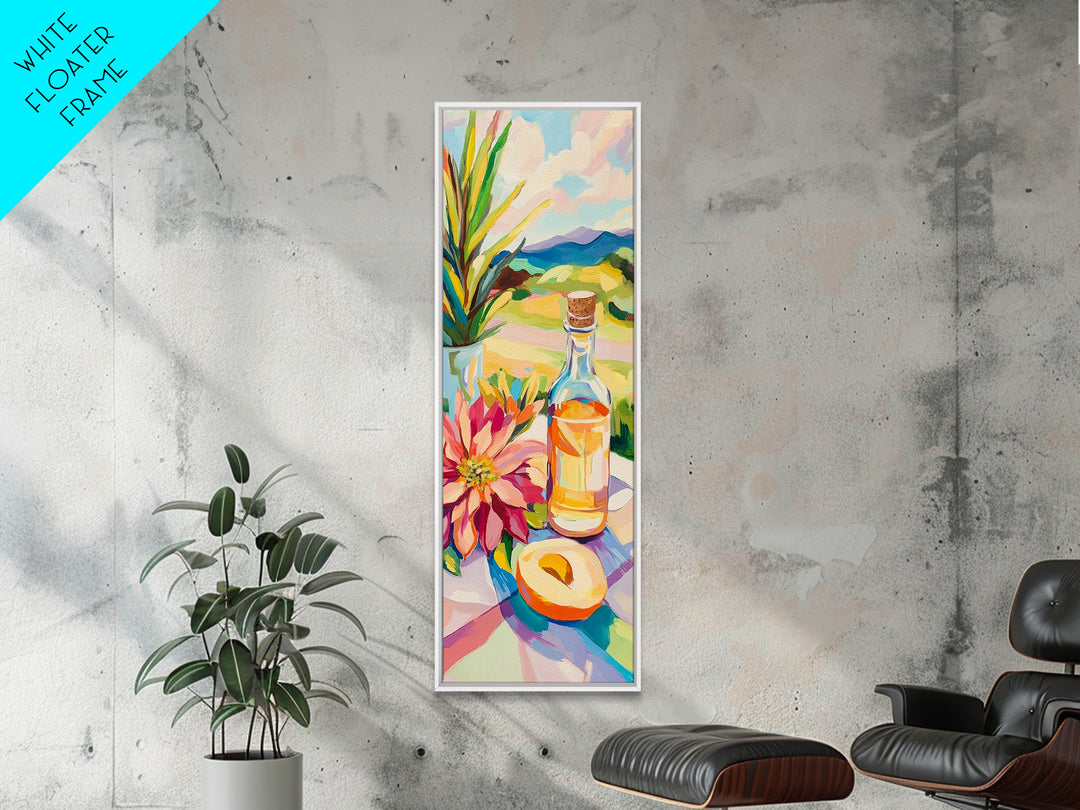 Sunlit Bottle With Flower And Citrus Framed Canvas Print, Mediterranean Kitchen Wall Art, Italian Decor, Landscape Art Print