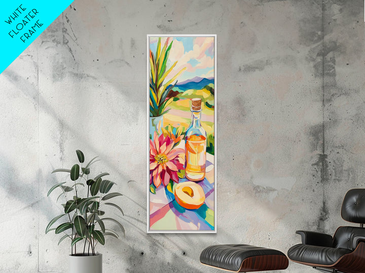 Sunlit Bottle With Flower And Citrus Framed Canvas Print, Mediterranean Kitchen Wall Art, Italian Decor, Landscape Art Print