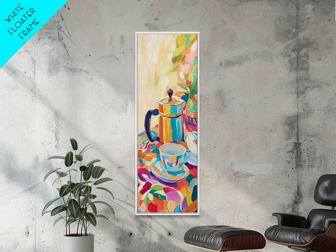 Bright Moka Pot And Teacups Framed Canvas Print, Coffee Bar Wall Art, Cafe Decor, Kitchen Wall Decor, Housewarming Gift Idea
