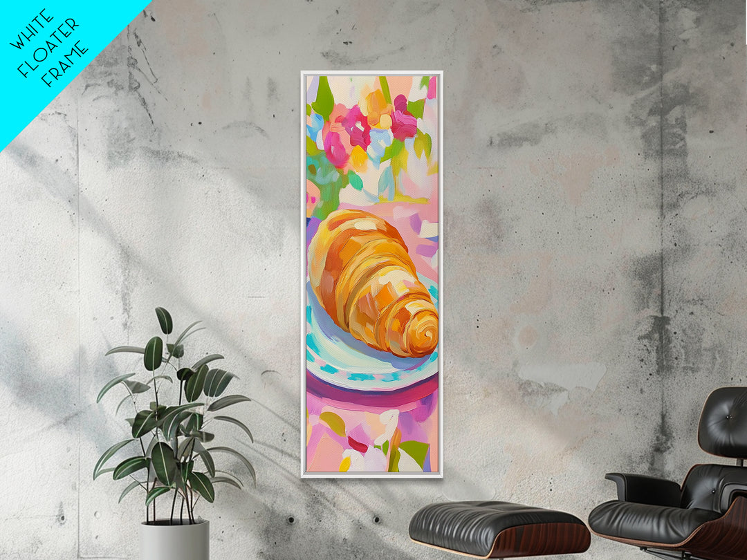 Golden Croissant On Floral Plate Canvas Print, French Bakery Wall Art, Modern Kitchen Decor, Patisserie Print, Food Lover Gift