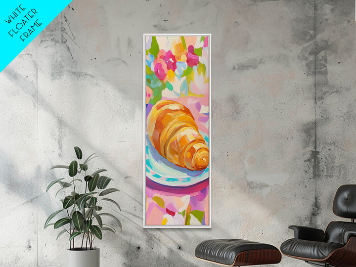 Golden Croissant On Floral Plate Canvas Print, French Bakery Wall Art, Modern Kitchen Decor, Patisserie Print, Food Lover Gift