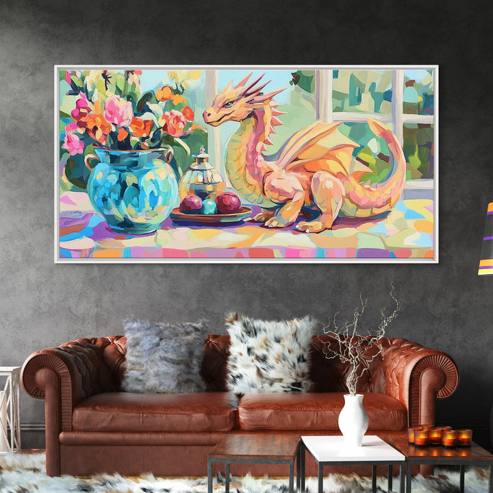 Whimsical Pink Dragon With Flowers Framed Canvas Print, Fantasy Wall Art, Nursery Decor, Girls Room Art, Unique Gift For Her