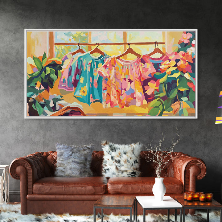 Bright Floral Dresses Hanging By Window Canvas Print, Fashion Wall Art, Feminine Wall Decor, Boutique Decor, Gift For Her