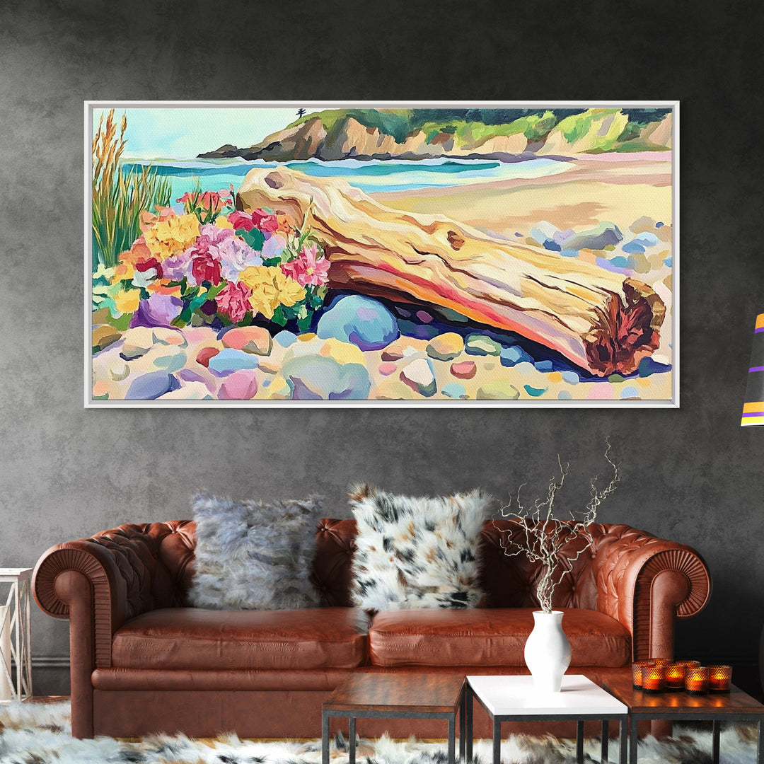 Driftwood Log And Wildflowers On Beach Framed Canvas Print, Coastal Wall Art, Seascape Art, Beach House Decor, Ocean Print