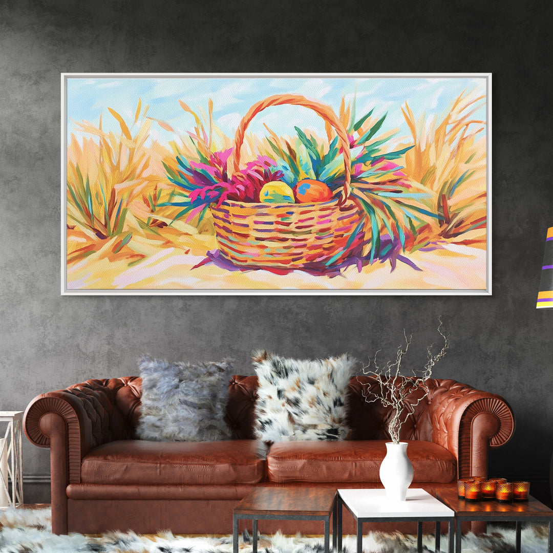 Beach Basket With Tropical Leaves Wall Art, Coastal Canvas Print, Summer Beach House Decor, Colorful Fruit Still Life Gift