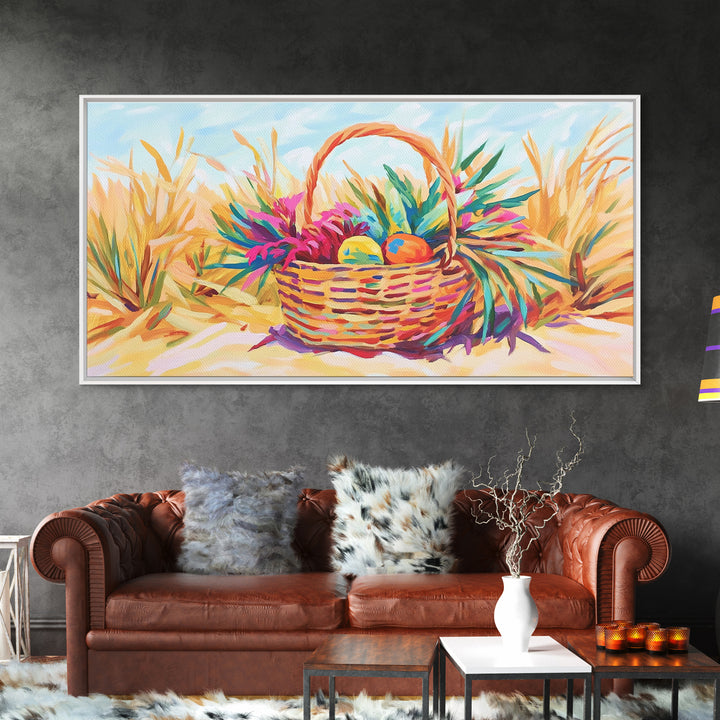 Beach Basket With Tropical Leaves Wall Art, Coastal Canvas Print, Summer Beach House Decor, Colorful Fruit Still Life Gift