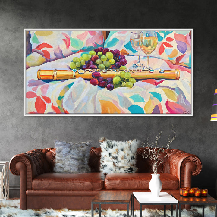 Golden Flute With Wine And Grapes Framed Canvas Print, Music Room Art, Winery Wall Art, Still Life, Dining Room Decor, Gift For Music Lover