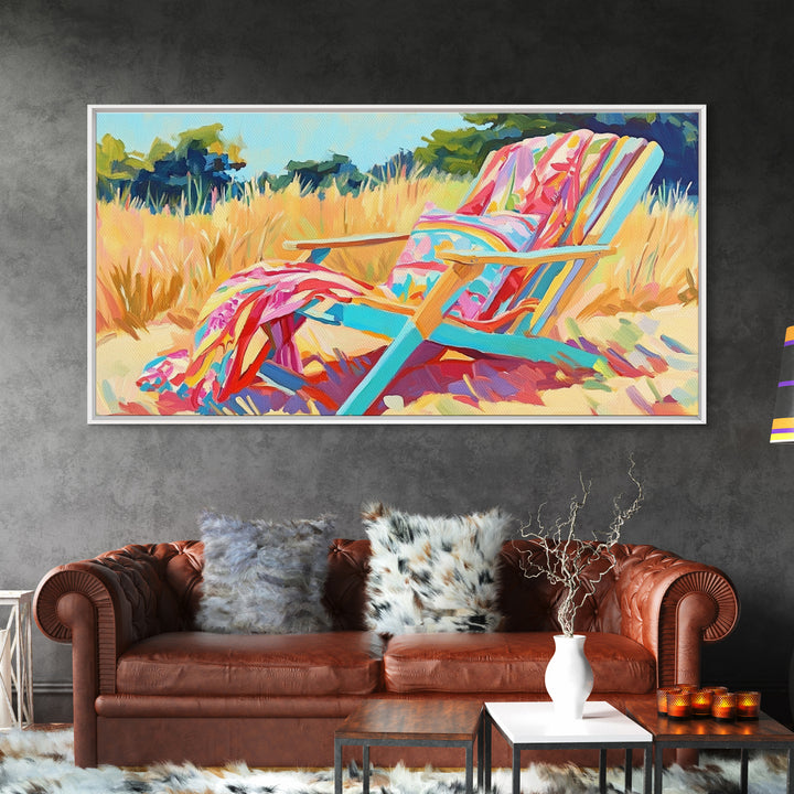Colorful Beach Chair In Summer Grass Canvas Print, Coastal Wall Art, Beach House Decor, Summer Vibes, Relaxing Art Print