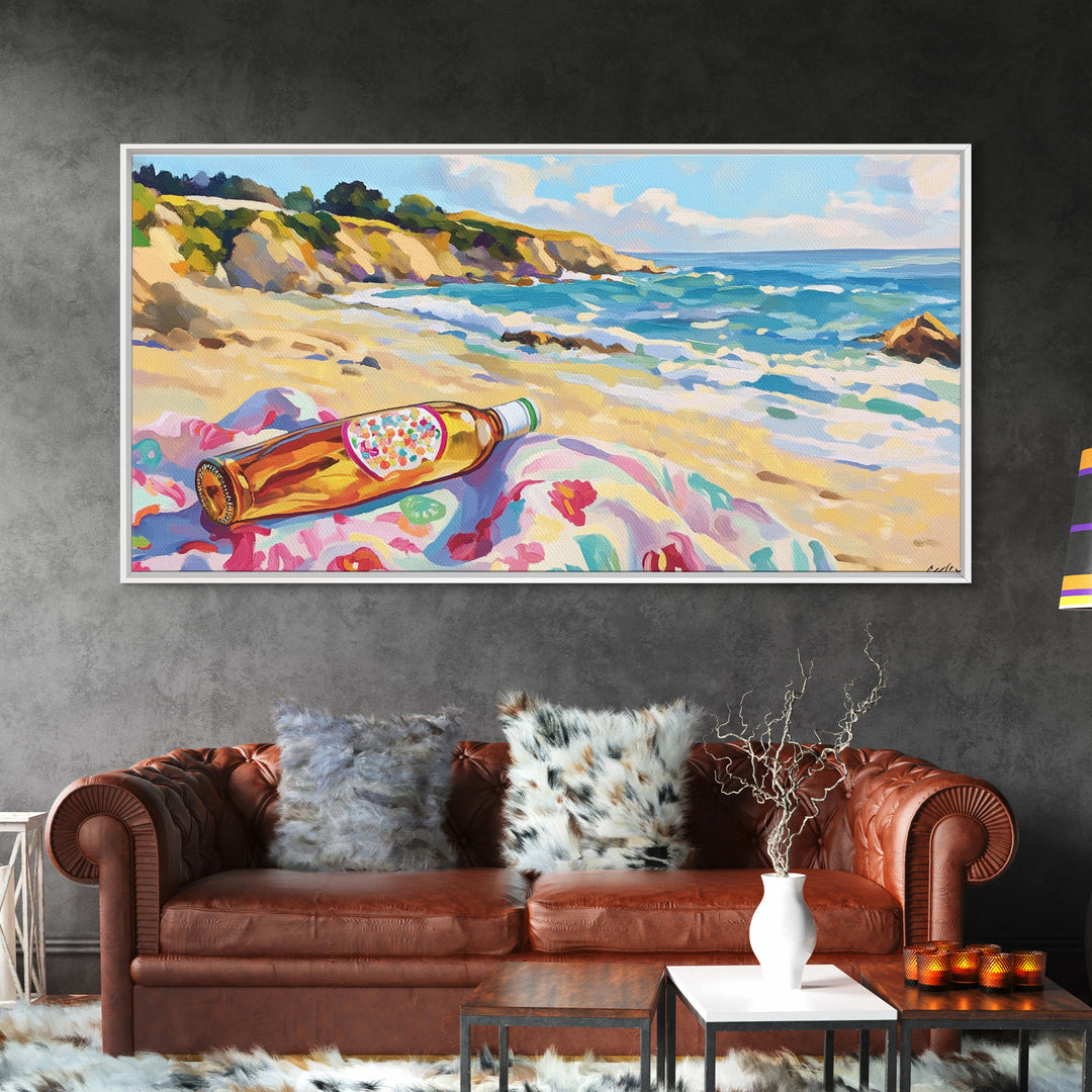 Beach Bottle On Towel Coastal Beach Canvas Print, Ocean Wall Art, Beach House Decor, Nautical Wall Decor, Summer Gift For Her