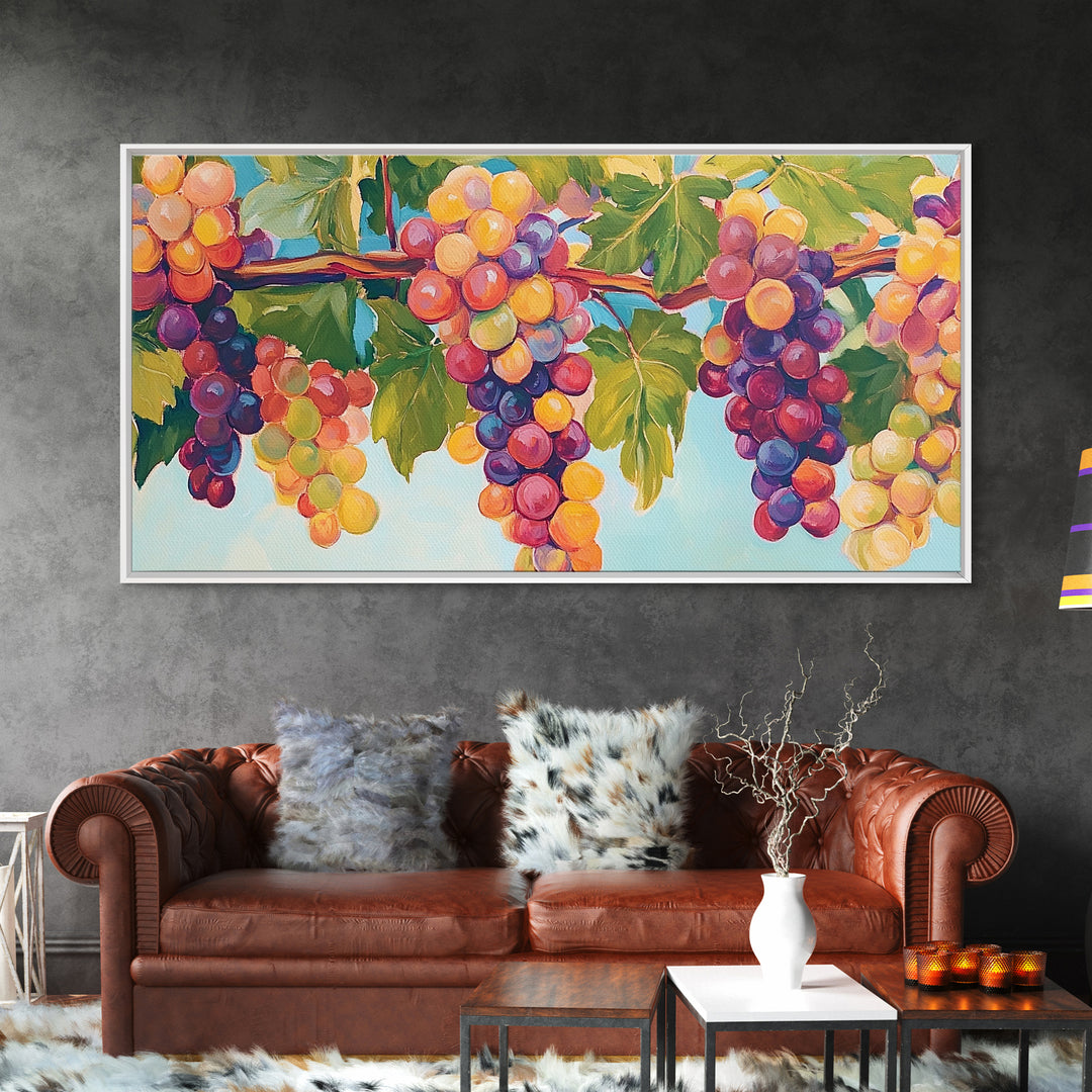 Sunlit Grape Clusters On Vine Framed Canvas Print, Vineyard Wall Art, Winery Decor, Colorful Kitchen Art, Wine Lover Gift
