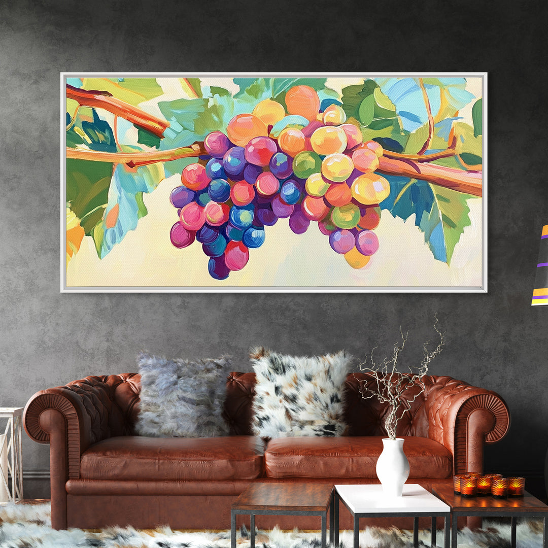 Bright Grape Bunches And Green Leaves Canvas Print, Vineyard Wall Art, Wine Kitchen Decor, Colorful Fruit Art, Winery Gift