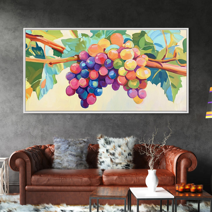 Bright Grape Bunches And Green Leaves Canvas Print, Vineyard Wall Art, Wine Kitchen Decor, Colorful Fruit Art, Winery Gift