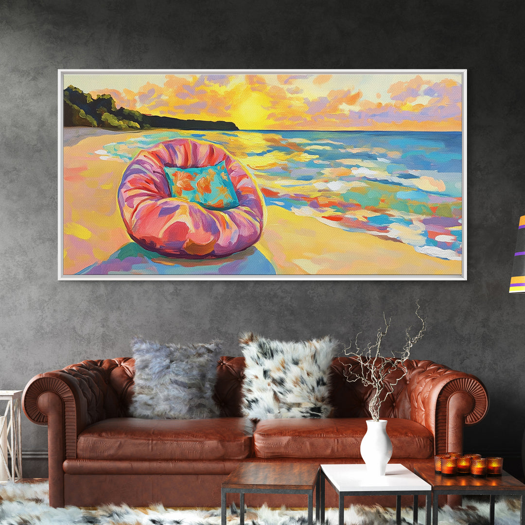 Sunset Beach Chair And Ocean Waves Wall Art, Coastal Canvas Print, Beach House Decor, Tropical Home Decor, Summer Wall Art