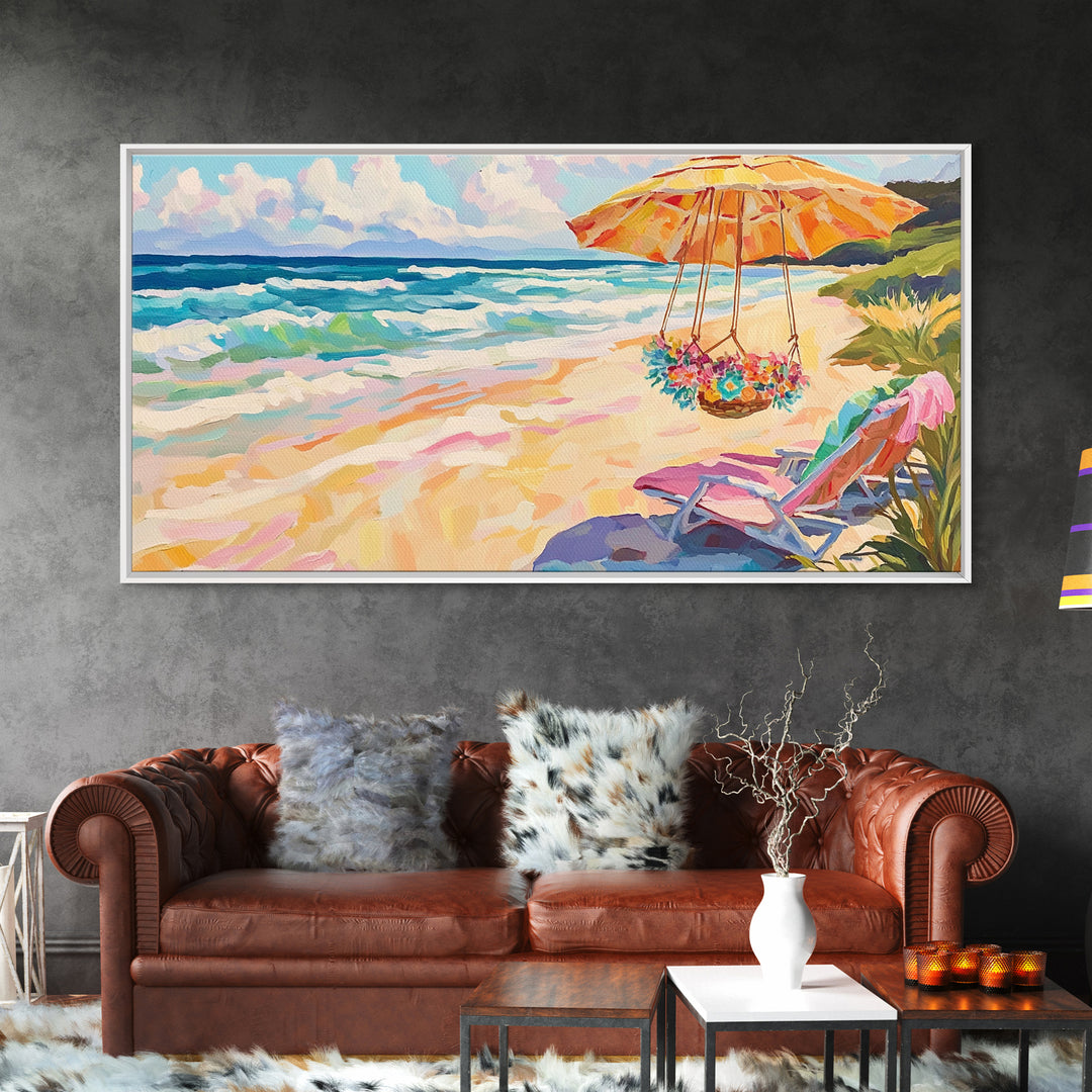 Sunny Beach Umbrella And Chair Framed Canvas Print, Coastal Wall Art, Ocean Decor, Beach House Living Room Art Gift, Summer Seascape